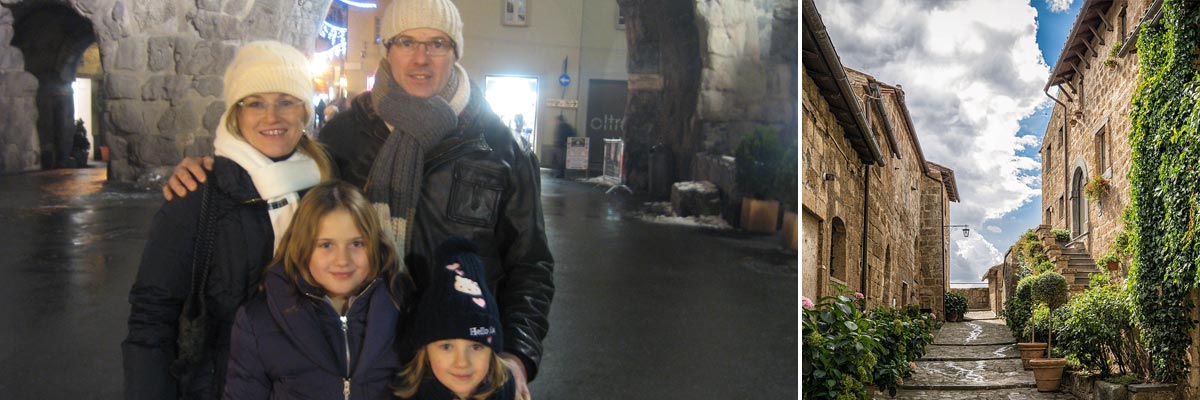 Monica e la sua famiglia in inverno e un vicolo in Italia