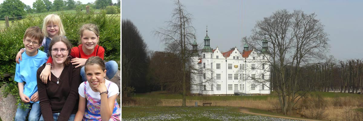 Laure avec les quatres enfants de sa famille d'accueil et un château allemand.