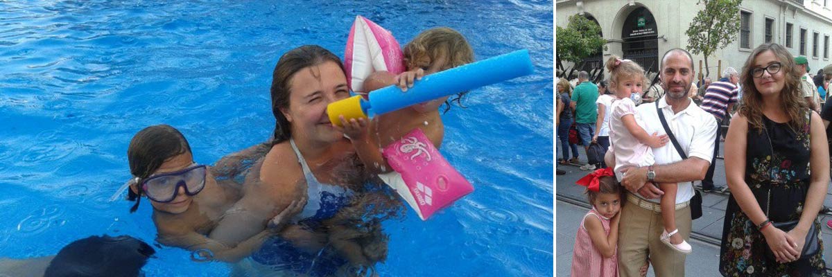 Marta en la piscina y con su familia anfitriona.
