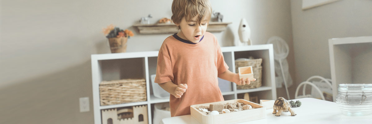 Niño jugando con juguetes naturales.